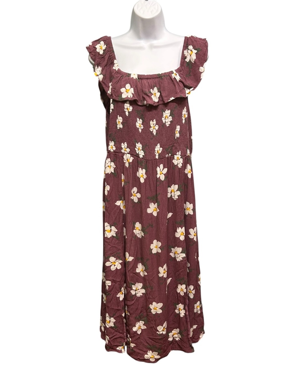 VTG Aeropostale Smocked Floral Ruffle Maxi Dress 2-Slit Size XL Rayon